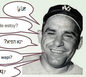 Babe Ruth with multilingual speech bubbles